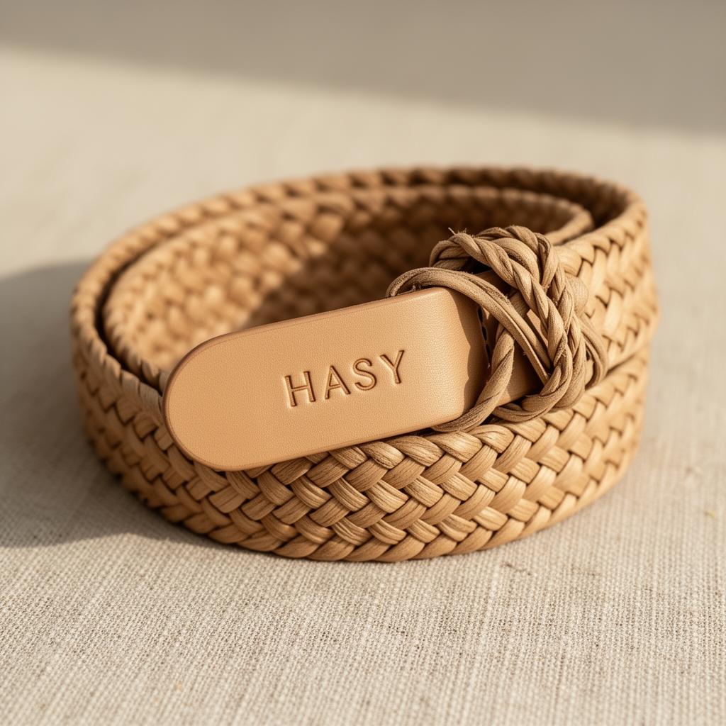 Woven Leather Belt in Natural Tan